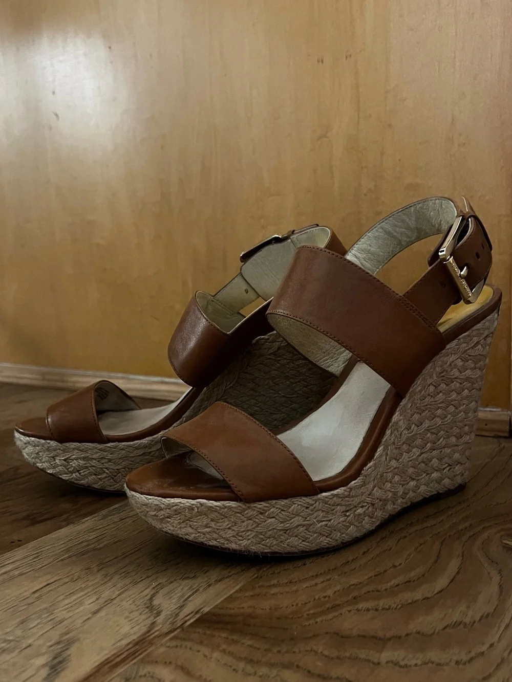 Michael Kors Poesy Tan Leather Espadrille Wedge Sandals